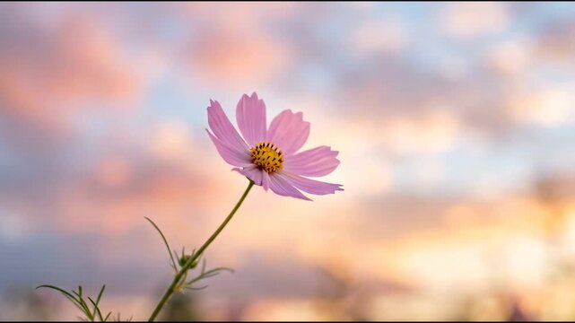 A single pink flower blooms with a background of sunset colors in the sky. The scene captures nature's beauty as the day ends in a serene location