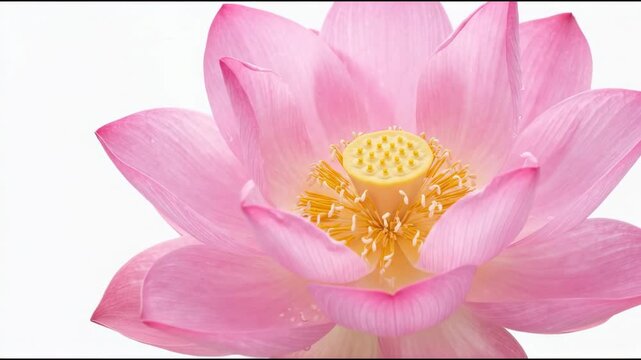 A pink lotus flower opens its petals under sunlight in a garden. The flower displays its bright color and yellow center clearly. Nature surrounds the