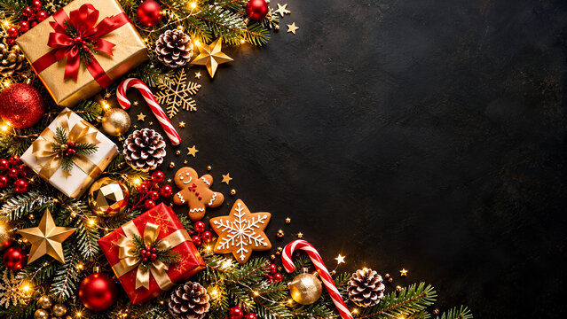 Luxurious Christmas Flat Lay with Gifts and Greenery on Dark Background