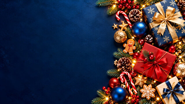 Navy Christmas Flat Lay with Golden Gifts and Decorative Lights