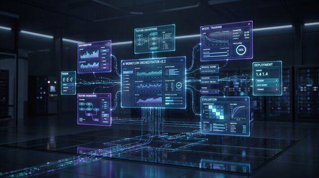 AI machine learning workflow dashboard in a futuristic data center. Data ingestion, model training and deployment pipeline. Artificial intelligence, predictive analytics and automation.