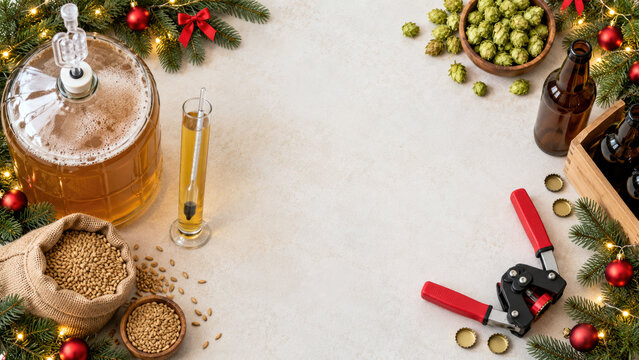 Carboy hydrometer malt hops and bottle capper with fir branches flat lay - Christmas homebrewer craft beer background