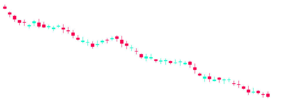 Financial candlestick chart showing bearish market trend with pink and teal bars on white background for data analysis and investment reports.