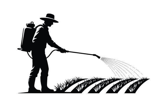 Farmer spraying pesticide or fertilizer on agricultural field crops silhouette vector isolated on clean white background for farming industry concept