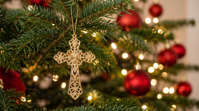 Elegant Gold Metallic Christmas Cross Ornament Hanging on a Green Pine Branch with Twinkling Warm White Lights and Red Baubles Background