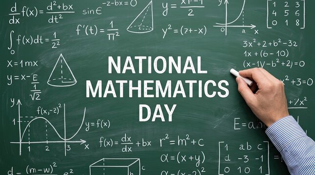 Hand writing mathematical formulas on chalkboard celebrating national mathematics day with Hand writes equations geometric diagrams chalkboard during mathematics celebration event mathematician