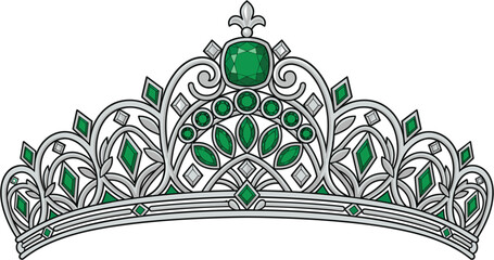 Silver queen tiara crown with emerald green gemstones and diamond accents, isolated on white background © Md Taifur Rahman