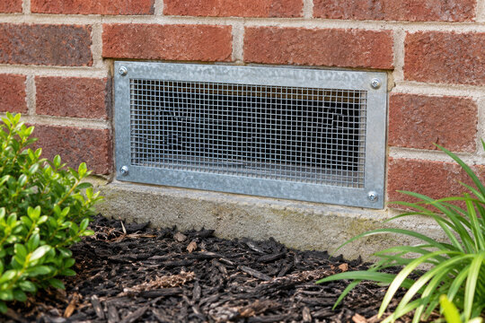 Crawl space foundation vent in brick wall covered with steel mesh screen - rodent exclusion and pest control