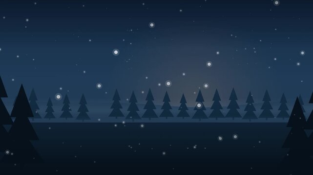 Winter forest landscape with falling snow in a flat vector animation. A flat vector animation of a snowy forest at night for holiday themes.