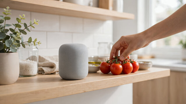 modern kitchen counter with fresh ripe tomatoes, smart speaker, potted greenery, and wooden shelf in bright natural light