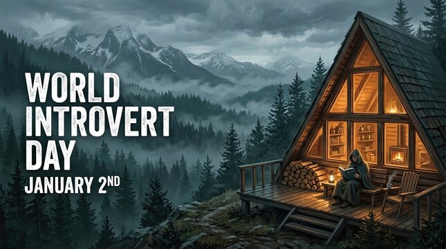 Person reading indoors in cozy cabin surrounded by forested mountains on world introvert day january 2nd with wooden cabin bookshelves fireplace mountainous forest setting reading book inside warmth