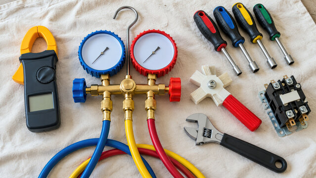 HVAC manifold gauge set with clamp meter nut drivers fin comb wrench and contactor on drop cloth - AC repair tools