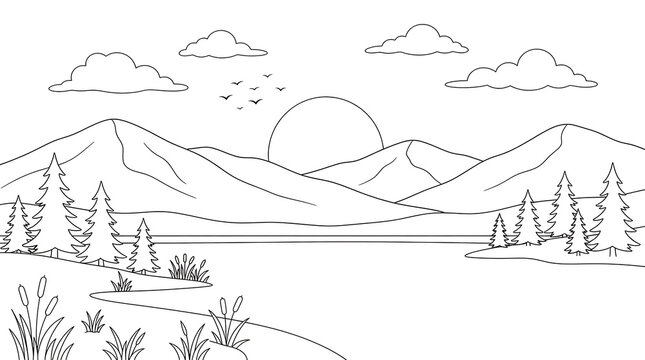 Simple dotted line illustration of a landscape with mountains and water