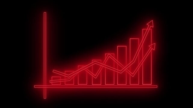 Neon-style glowing bar chart on black background with axes and three trend arrows overlay animation