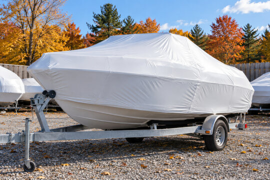 Motorboat in white shrink wrap on trailer in storage yard - boat winterization and winter storage