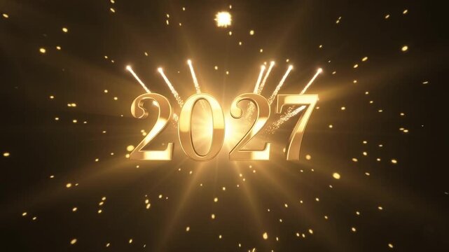 Luxury Golden 2027 New Year Celebration with Glowing Light Trails, Sparkling Particles and Fireworks on Black Background