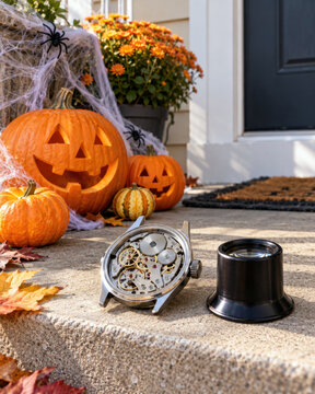 Open watch movement and loupe on porch step with carved pumpkins and cobwebs - Halloween watch repair service concept