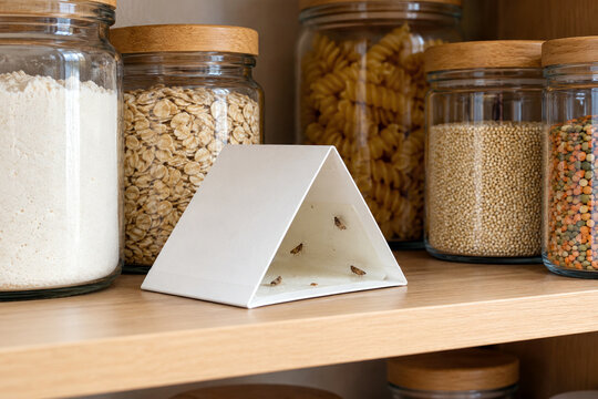 Pantry moth pheromone trap with caught moths on shelf beside grain jars - kitchen pest control for stored food