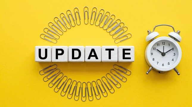Update notification with letter cubes paper clips and alarm clock on bright background with out update surrounded clock yellow surface cubes spell communication productivity organization letters