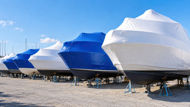 Row of boats in white and blue shrink wrap on stands in marina yard - winter boat storage