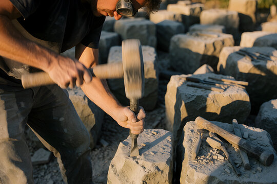 Stonemason driving chisel into stone block motion blur