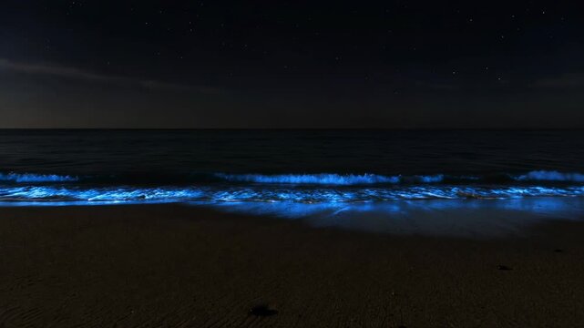 Bioluminescent Blue Wave Glow on Dark Beach Beneath Starry Night Sky, Creating Vivid Coastal Landscape Scene