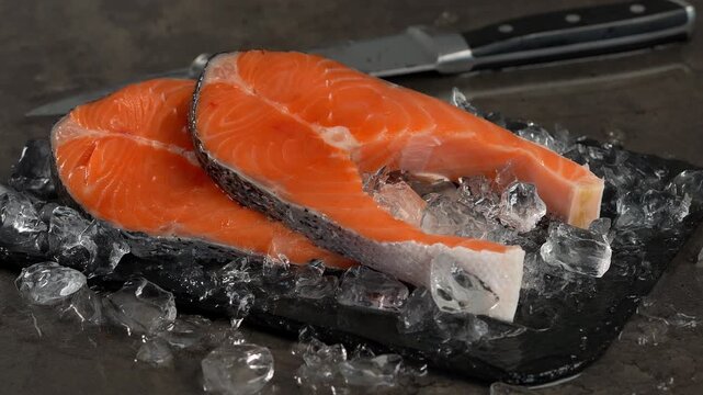 Camera movement on fresh raw steak salmon with ice on stone cutting board. Chilled fish. Food