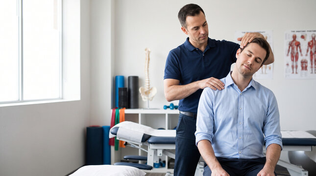 Professional male chiropractor performing neck adjustment on calm patient seeking relief from pain in medical clinic office setting