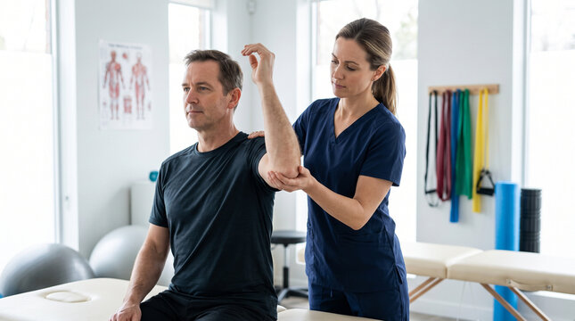 Physical therapist helping patient with shoulder rehabilitation exercises in clinic, woman performing arm recovery therapy for focused man