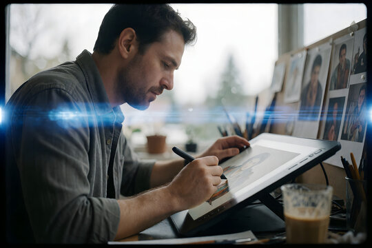 Illustrator drawing with stylus on tablet anamorphic wide