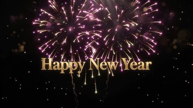 Happy New Year Greeting with Golden Text and Colorful Fireworks on Elegant Black Background