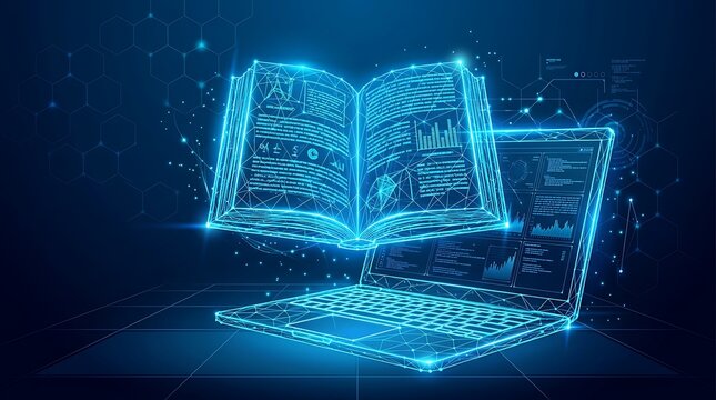 Digital book hovering over laptop screen with glowing blue wireframe
