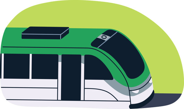 Green city tram, light rail e-vehicle. Urban public passenger transport, electric eco-friendly train, fast railway subway travel. Flat vector illustration isolated on white background