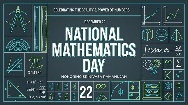 Poster celebrating national mathematics day with educational symbols with highlights mathematical concepts day celebration december mathematical art square root mathematician calculations angles