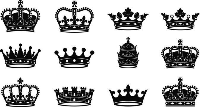 Set of twelve black silhouette heraldic crown icons, featuring various royal, noble, and mural crown shapes on a white background