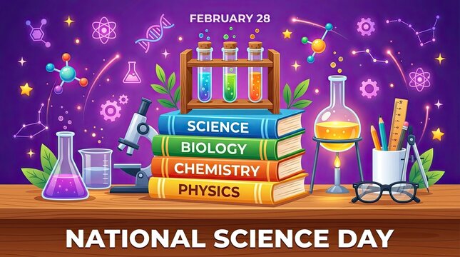 Colorful illustration celebrating national science day with science themed books and lab equipment on a wooden table with Illustration highlights science subjects biology chemistry physics alongside