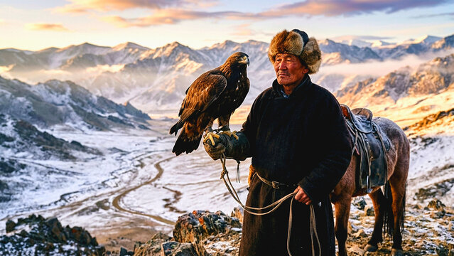 Kazakh eagle hunter with golden eagle on arm standing with horse in
