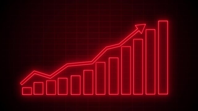 Neon-style line bar chart with ascending and descending bars and an upward arrow animation on a black background