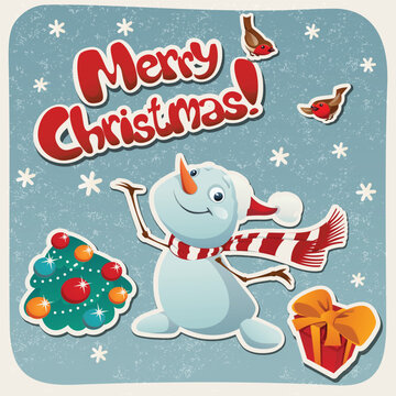 Cute Snowman Merry Christmas Illustration with Festive Ornaments and Robin Birds on Blue Snowy Background