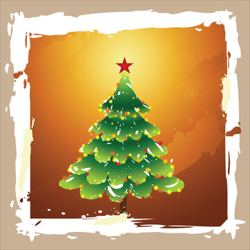 Christmas tree illustration with red star topper and festive ornaments on a warm gradient background
