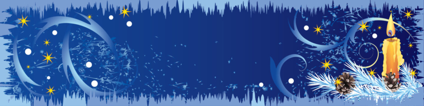 Christmas candle with pine cones and stars on a blue winter background with copy space