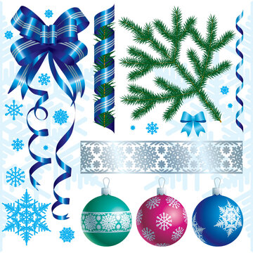 Christmas holiday decoration set with blue ribbon bow, pine branches, snowflakes, and colorful ornaments on white background