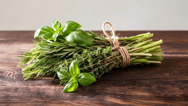Fresh Assorted Herbs Tied Together with Twine on Wooden Table