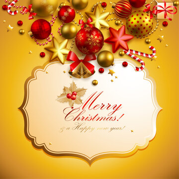 Merry Christmas and Happy New Year greeting card with festive ornaments and copy space for text