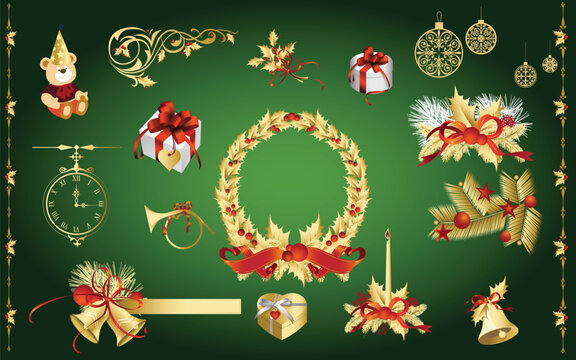 Christmas Holiday Decorative Set with Wreath, Ornaments, Gifts, and Teddy Bear on Green Background