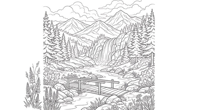 Detailed line art illustration of a mountainous forest landscape with wildlife