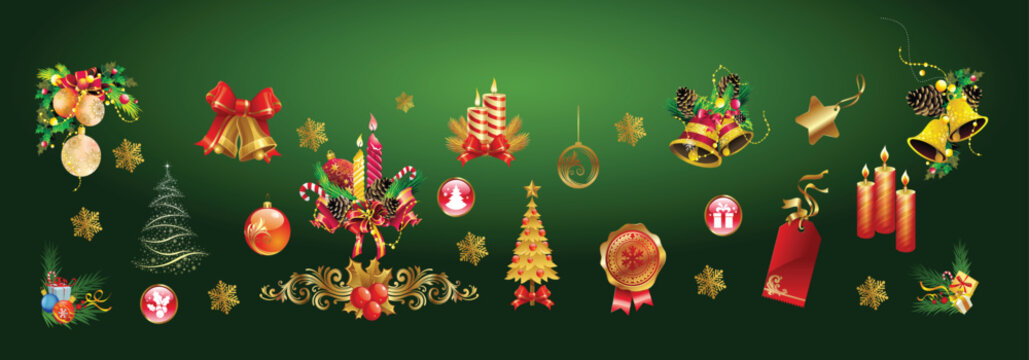 Christmas decoration set with gold bells, red candles, and festive ornaments on a dark green background