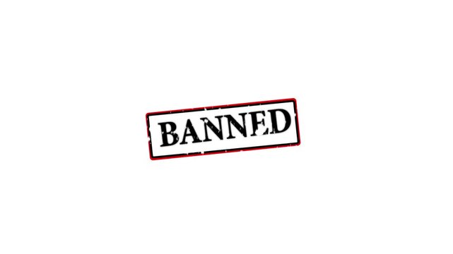 Professional BANNED rubber stamp animation on a clean white background.  blocked and warning  social media videos.4k
