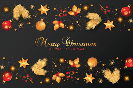 Merry Christmas and Happy New Year greeting card with golden ornaments and festive foliage on black