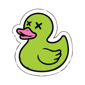 Quirky Green Rubber Duck Sticker with Crossed Eyes Illustration